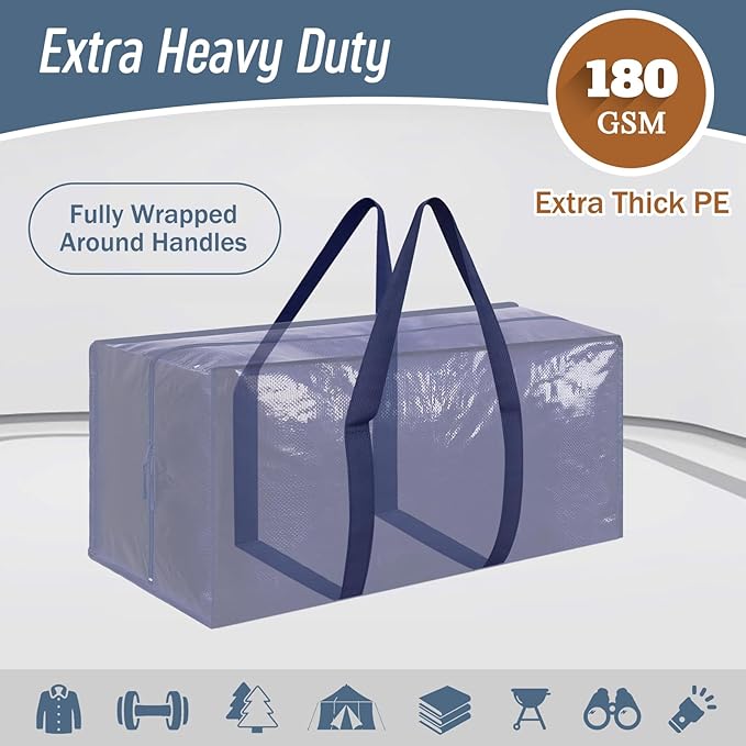 6 Pack Extra Heavy Duty Large Moving Bags with Strong Zipper & Comfortable Handles, Sturdy & Durable Clothes Storage Bags Totes Bins, Blue Packing Moving Boxes for College Supplies, Dark Blue