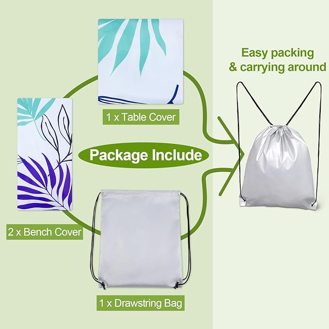 Picnic Table Cover with Bench Covers Camping Essentials Waterproof Windproof Camping Tablecloth with Drawstring Bag, Fitted Rectangle Tables and Seats, 96in, Light Green Blue