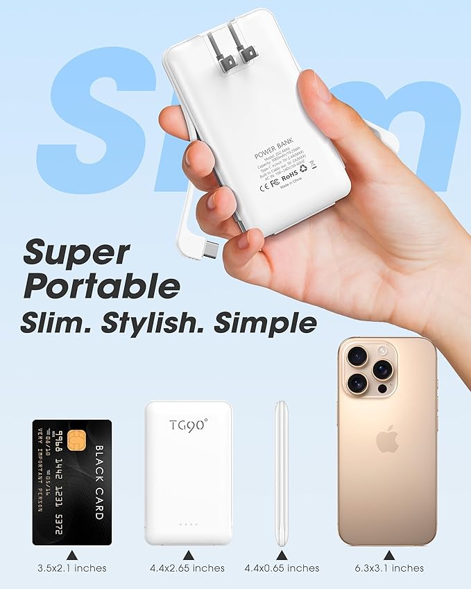 TG90° Portable Charger with Built-in Foldable AC Wall Plug and Cables,5000mAh Slim Power Bank USB C Battery Pack,3 Outputs Pocket Friendly Battery Charger Compatible with iPhone Android Smart Devices