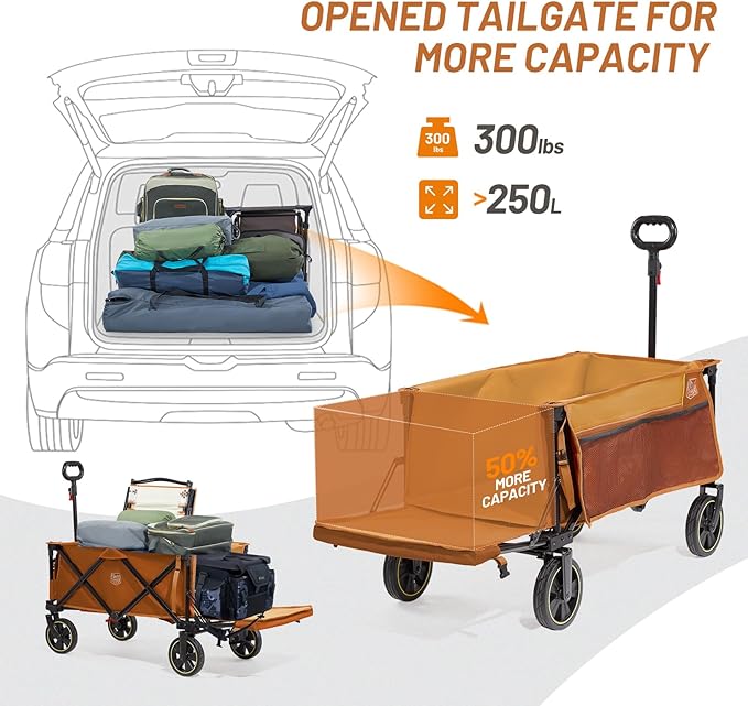Timber Ridge 49" Extra Long Collapsible Folding Wagon with Tailgate and Brakes, 300lbs Heavy Duty Foldable Wagon with Adjustable Handle, 250L Capacity Portable Cart for Outdoor Camping Sports, Orange