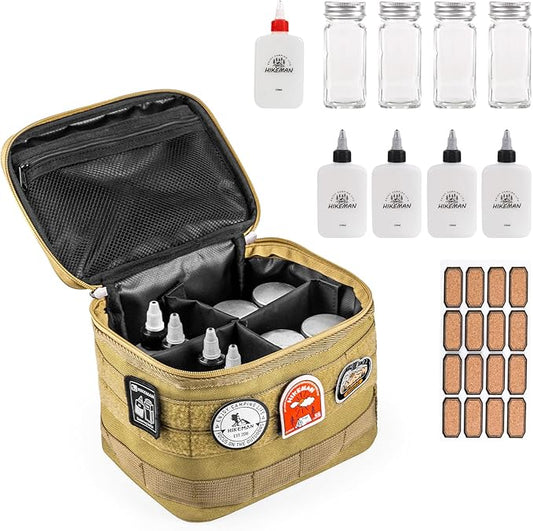 HIKEMAN Camping Portable Spice Set with 9 Spice Containers Pepper & Salt Spice Shakers, Separable Storage Bag for Outdoor Travel Camping BBQ Picnic (Khaki)