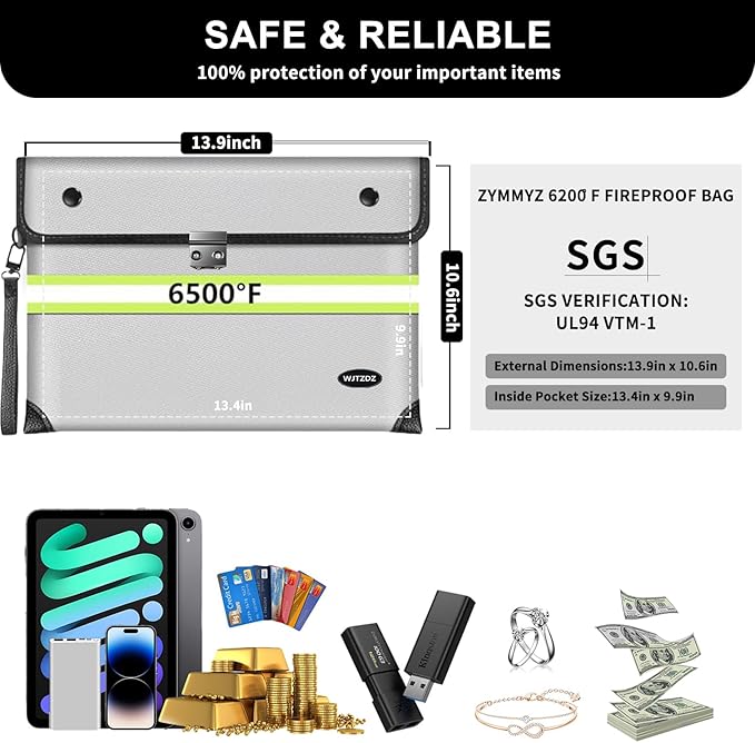 Upgraded 6200°F Fireproof Document Bag Waterproof with Zipper,9 Layers of Heat Insulated Materials,Fireproof Money Bag for Cash,Valuables and Important Documents