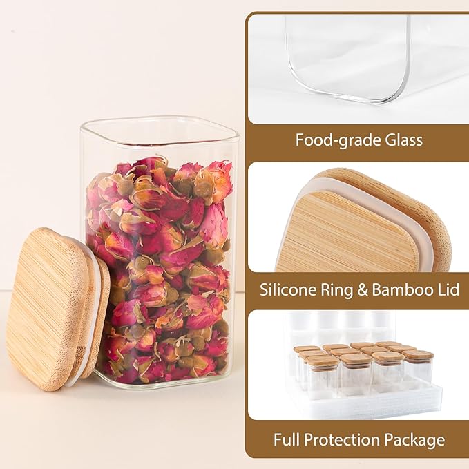 12 Pack 8 oz Square Glass Spice Jars with Lids and Labels – Airtight Small Spice Containers Set, Clear Glass Storage Jars for Seasoning, Spices, Kitchen Pantry Organization