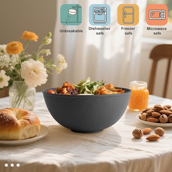 Black Cereal Bowls 40oz for Cereal Lover,Unbreakable Alternative Plastic Bowls Set of 6,Extra Thick Anti-Scald Bowl Sets suitable for Salad,Soup and Fruit.