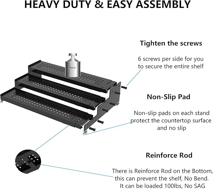 Expandable Spice Rack organizer with 3-Tier step shelf,Modern Design heavy duty,Non Skid and Visibility,Great for Kitchen Cabinet, Pantry and more(3PACKS/GUN-GREY)