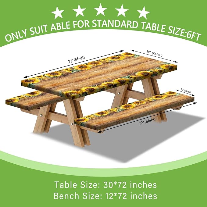Picnic Table Cover with Bench Covers, Sunflower Wood Grain Pattern Elastic Edges, Waterproof Windproof Fitted Tablecloth, for Outdoor Camping Patio Garden, Includes Drawstring Bag, 72 in