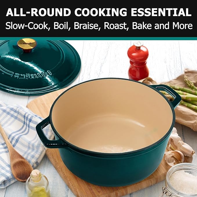 MÜELLERHOME 4.5 QT Enameled Cast Iron Dutch Oven, Heavy-Duty Casserole Dish and Braiser Pan with Lid, Oven-Safe up to 500° F & Across All Cooktops, Housewarming Gifts New Home, Emerald