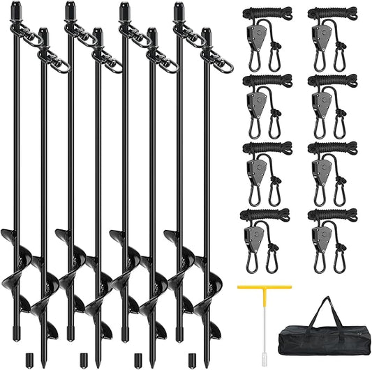 Tent Stakes Heavy Duty, 8 Pack 17.7" Ground Anchors Screw in, Trampoline Stake with 8 Adjustable RV Awning Tie Down Ratchet Straps for High Winds, Spiral Anchors Kit for Camping Swing Set Canopy Sheds