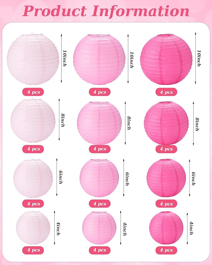 Treela 48 Pcs Paper Lanterns Party Decorations Chinese Round Paper Lanterns 4/6/8/10 Inch Asian Hanging Lamps Decorative for Birthday Party Supplies (Pink Series)