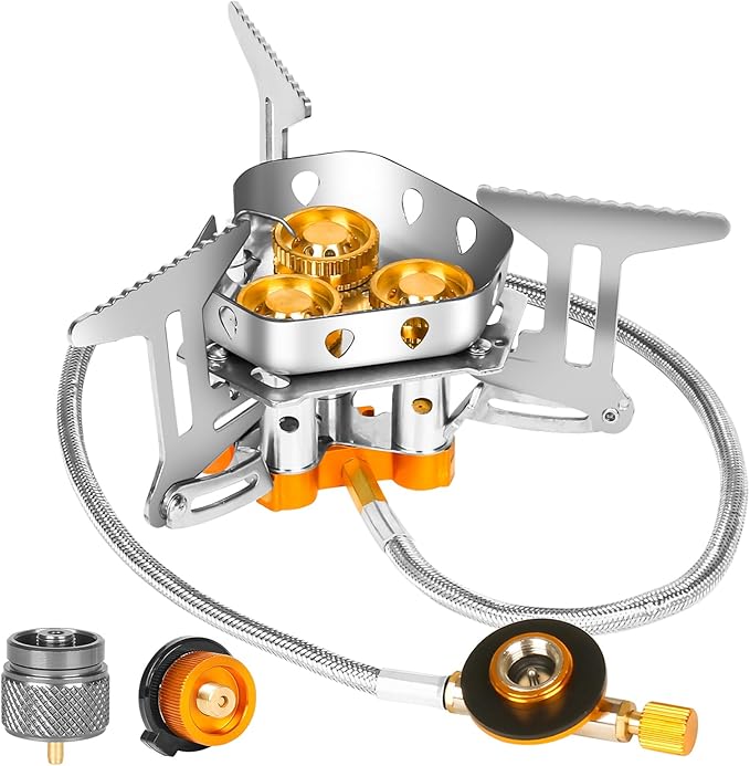 9900W Portable Windproof Camping Stove - High-Power Gas Stove with Piezo Ignition, 1LB Propane & Butane Adapters for Outdoor Cooking, Hiking, Camping & Picnics