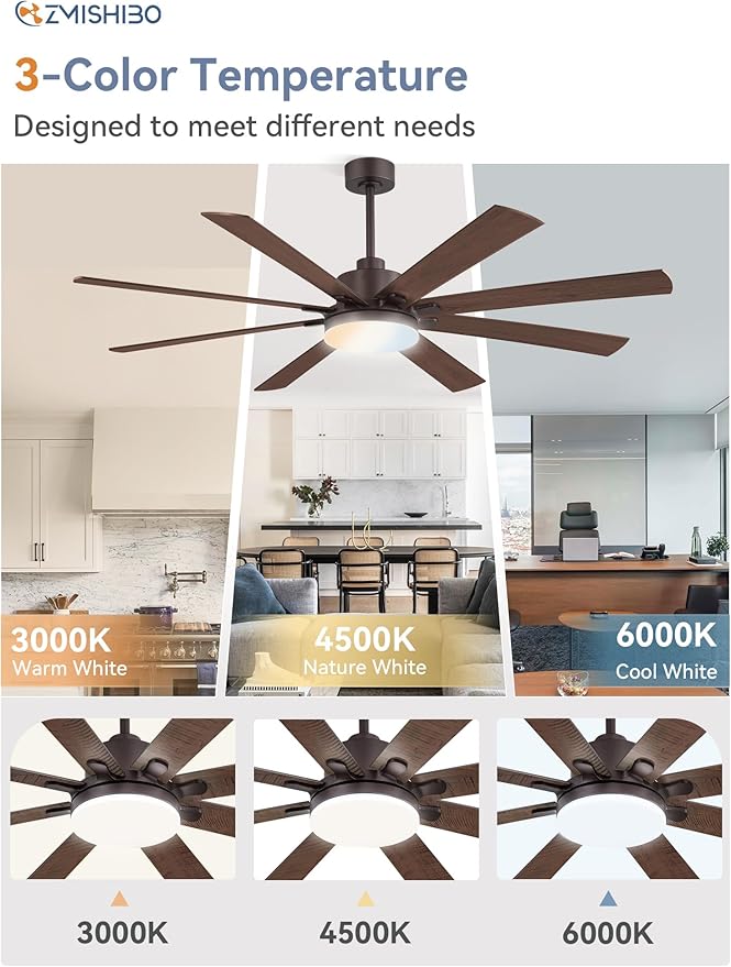 ZMISHIBO 65 Inch Ceiling Fan with Light, Indoor/Outdoor Ceiling Fans with Large LED Panel, Quiet Reversible DC Motor, 6-Speeds, 3CCT, Brown Farmhouse Ceiling Fan for Patio, Livingroom, Bedroom