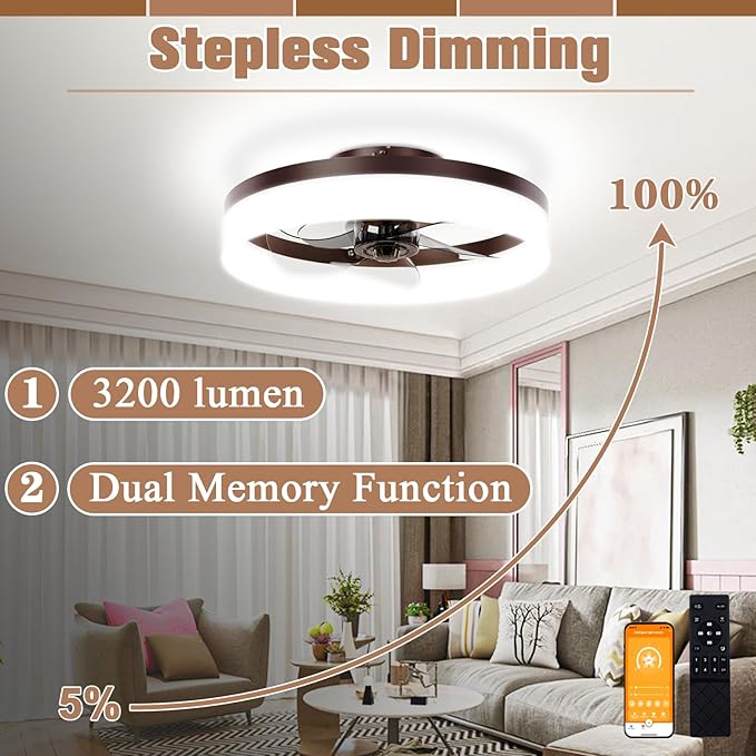 VOLISUN Low Profile Ceiling Fans with Lights and Remote,15.7in Modern Ceiling Fan Flush Mount, 3000K-6500K Dimmable Bladeless LED Fan Light,Brown Fandelier Ceiling Fans with Lights for Bedroom