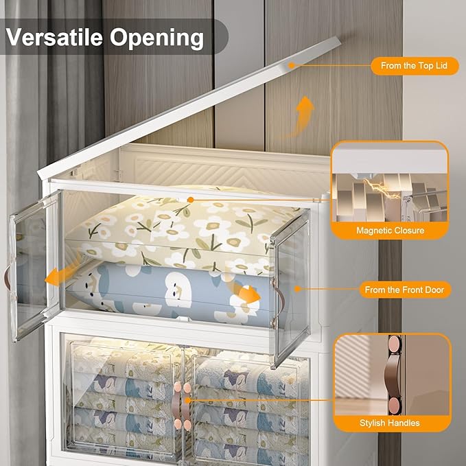 Extra Large Stackable Storage Bins with Lids & Wheels & Door, 960QT-160QT/40GAL*6Pack Foldable Collapsible Closet Organizers, Plastic containers drawers for bedroom Dorm