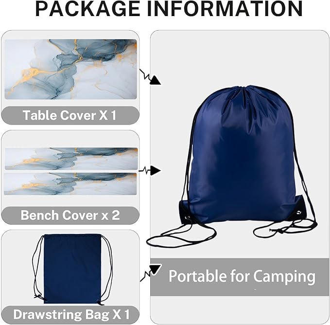 CAPSCEOLL Elastic Picnic Table Cover with Bench Covers 5Ft Waterproof Fitted Picnic Table Cover Cloths for Outdoors Camping Tablecloth with Drawstring Bag, 60X30in, Grey White Marble