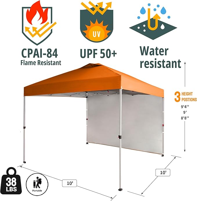 CROWN SHADES 10x10 Pop Up Canopy with 1 Side Wall - Beach Tent with One Push Setup - Outdoor Sun Shade for Events, Parties, Camping - Gazebo with STO-N-Go Cover Bag (Orange)