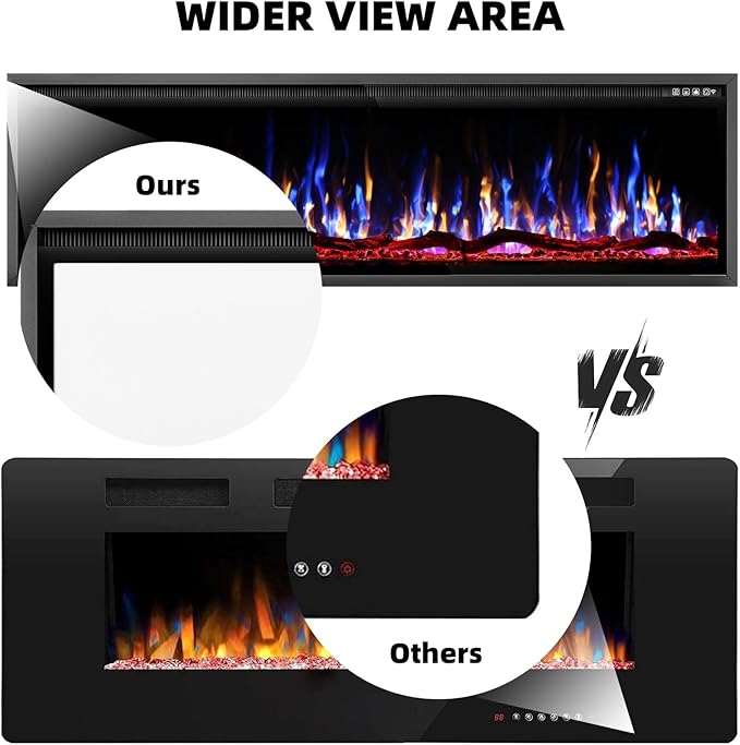 BREEZEHEAT 72 Inch Electric Fireplace-Recessed & Wall Mounted Linear Fireplace-750/1500W Heater w/Temperature Control, Log & Crystal Options, Adjustable Flame, Remote Control