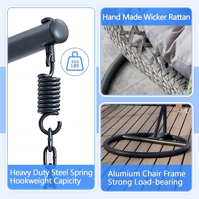 JUFU Egg Swing Chair with Stand,Hanging Egg Chair Indoor Outdoor,Hammock Hanging Basket Chair with Aluminum Steel Frame，Patio Egg Chair with Removable Cushions for Patio Balcony Backyard,Bedrooms