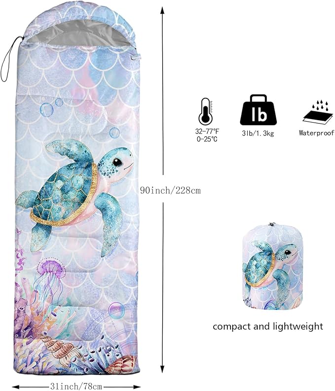 Sea Turtle Sleeping Bag for Kids Boys Girls,Ocean Themed Camping Gear,Waterproof Compact Sleeping Bag for Camping Backpacking Outdoor Hiking.