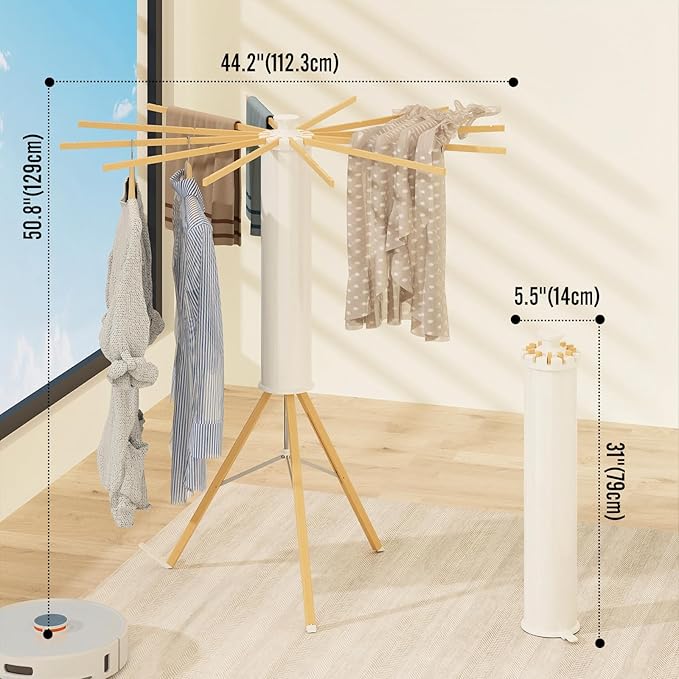 Tripod Drying Rack Portable, Foldable Drying Rack Clothing with 12 Wood Drying Arms, Standing Laundry Hanger Rack Round Collapsible & Portable Handle for Laundry Room, Balcony, Bedroom, RV