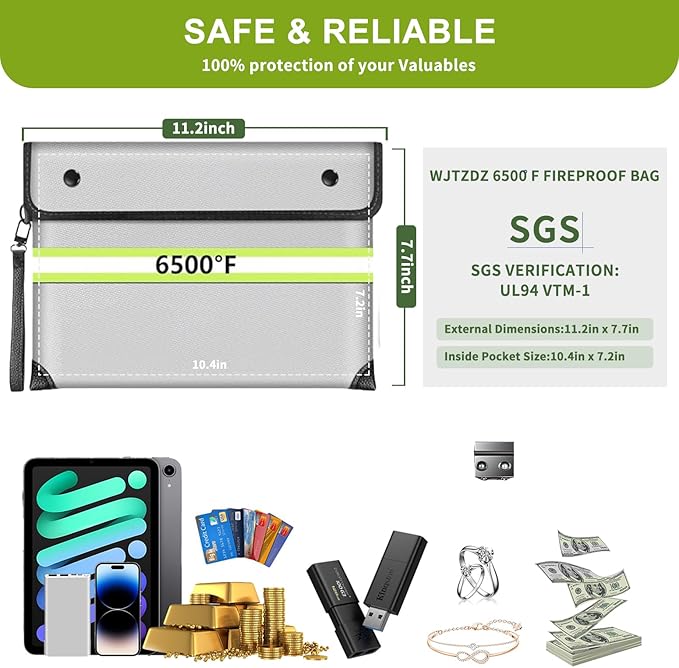 6500°F Upgraded Fireproof Money Bag,10 Layers of Heat Insulated Materials,Fire Proof Box with Waterproof Zipper/Reflective Strip,Document Bag with Handle for Cash,Important Documents
