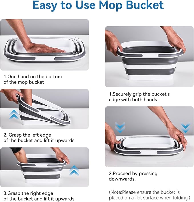 2.1 Gal(8 L) Small Collapsible Mop Bucket with Handle – Durable Plastic Square Silicone Cleaning Bucket for Mopping, Car & Window Washing – Space-Saving Storage Organizer – Pair of Silicone Gloves