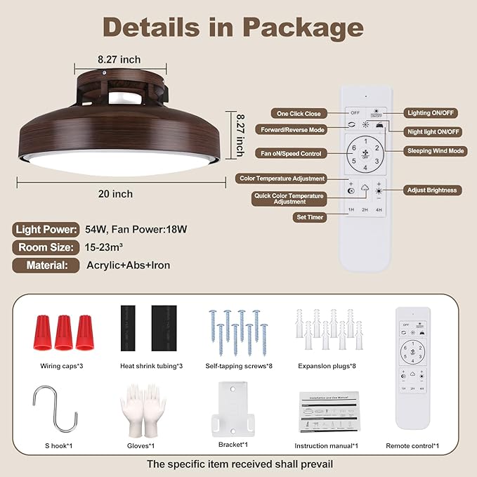 20" Bladeless Ceiling Fan with Light and Remote, LED Low Profile Flush Mount Ceiling Fan with 6 Speed Dimmable, 3000-6000K, Enclosed Modern Ceiling Fans for Bedroom Living Room (Round)