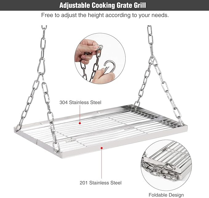 Lineslife Grill Swing Campfire Cooking Stand with Adjusatble Stainless Steel Grill Grate, Collapsible BBQ Grill with Hooks and Accessories for Outdoor Camping Cookware & Dutch Oven