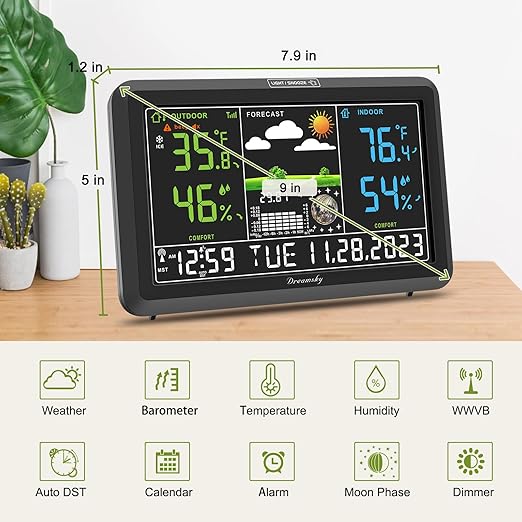 DreamSky Weather Station Indoor Outdoor Thermometer Wireless with Digital Atomic Clock for Home, Large Display with Adjustable Backlight, USB Port, Inside Outside Temperature Humidity Monitor