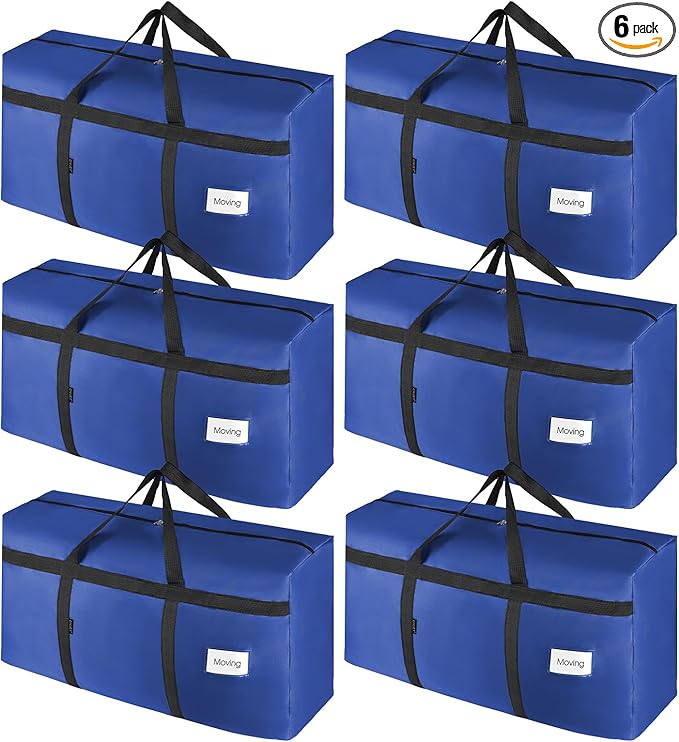 6 Pack Moving Bags Heavy Duty Extra Large 90L, College Packing Bags for Moving Clothes, Moving Supplies & Boxes with Zippers and Handles, Storage Bags Moving Totes Camping Essentials (Blue)