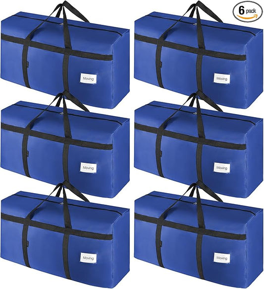 6 Pack Moving Bags Heavy Duty Extra Large 90L, College Packing Bags for Moving Clothes, Moving Supplies & Boxes with Zippers and Handles, Storage Bags Moving Totes Camping Essentials (Blue)