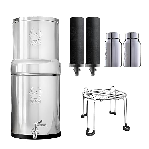 3.25 Gallons NSF Certified AISI 304 Stainless Steel Water Filter with 2 Smart Carbon (Black) Filters, 2 POSTreat Steel Fluoride Removal Elements, Free Steel Stand & Water Spigot