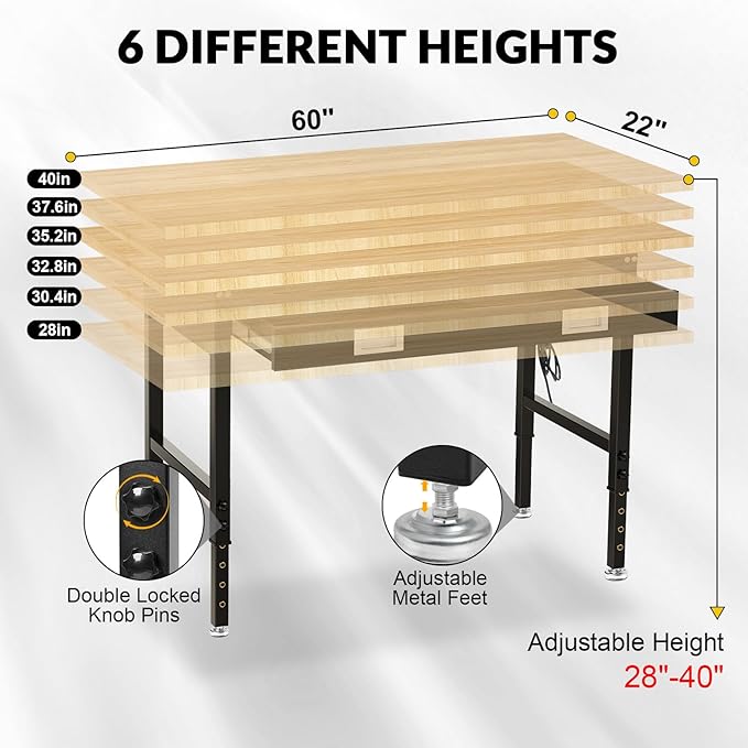 60" Workbench for Garage with Drawers Rubberwood Tabletop Work Table with Pegboard, Power Outlets Adjustable Height Work Bench for Office, Woodworking Shop, Home