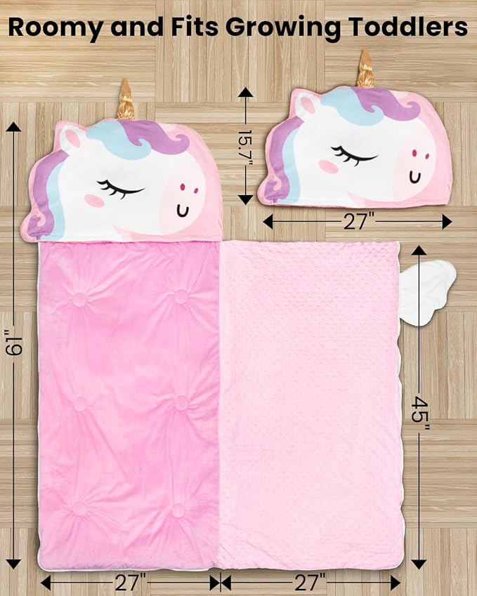 Primlect Kids Sleeping Bag with Pillow, Larger Toddler Nap Mat, Plush Slumber Bag for Boys Girls Daycare Preschool Kindergarten Birthday Gift Travel Sleepover Ages 3-6 Years