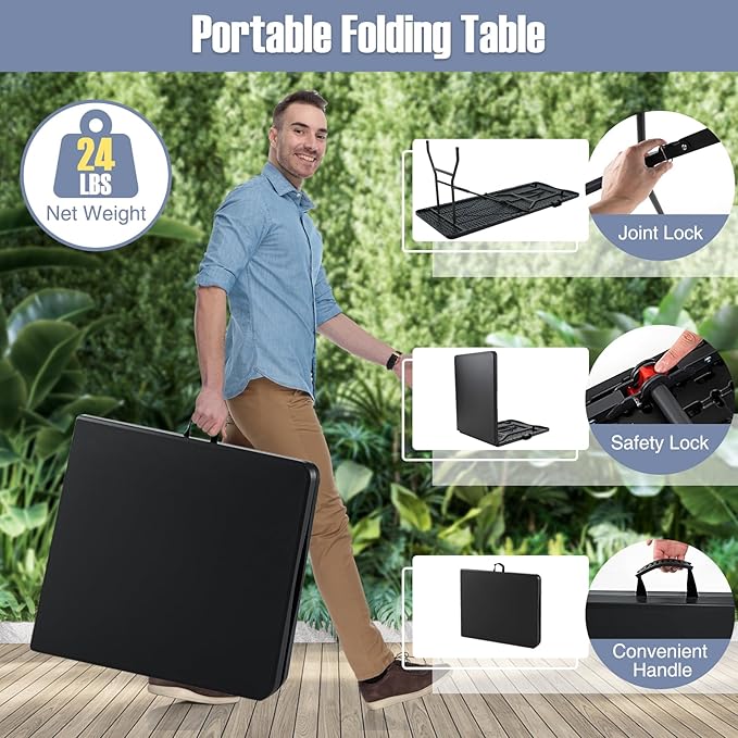 Goplus 6ft Plastic Folding Table, 350 LBS Outdoor Heavy Duty Folding Tables with HDPE Tabletop, Handle, Lock, Foldable Rectangle Portable Utility Card Table for Picnic, Party, Camping, Dining