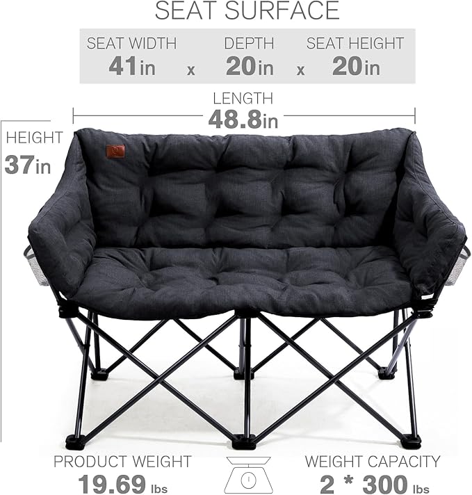 EVER ADVANCED Double Camping Chair for Adults, Padded Folding Camping Loveseat Bench with Side Pocket Portable Camping Couch, Two Person Heavy Duty Outdoor Chair with Cushion,Support 600lbs, Black
