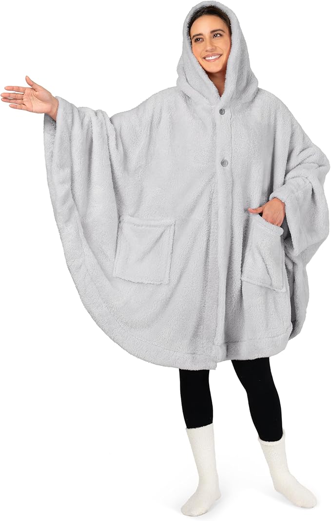 PAVILIA Angel Wrap Hooded Blanket Poncho, Wearable Blanket Throw Wrap Poncho for Women Adult, Cozy Fluffy Sherpa Fleece Shawl Cape with Hood pockets, Warm Gift for Mom Wife, Light Gray