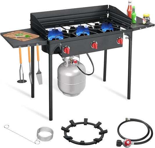 SKOK 3 Burners Portable Propane Stove with Side Shelves & Wind Panel, Camping Stove with 225,000 High Efficiency Propane Burner, Outdoor Stove for Camping, Backyard, Picnic