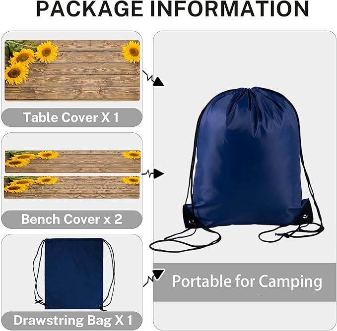 CAPSCEOLL Elastic Picnic Table Cover with Bench Covers 5Ft Waterproof Fitted Picnic Table Cover Cloths for Outdoors Camping Tablecloth with Drawstring Bag, 60X30in, Wooden Sunflowers