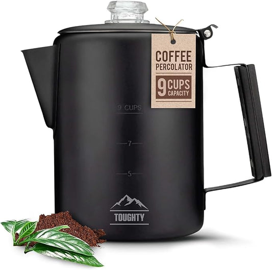 Toughty Yosemite Percolator Coffee Pot – Classic Coffee Percolator Stovetop for Camping & Home – Durable Stainless Steel - Gas, Electric & Induction Stoves – Old-Fashioned Cowboy-Style Pot – 9 Cups