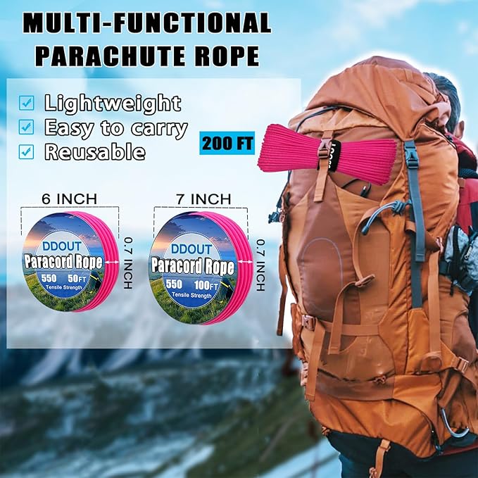 Paracord Nylon Rope Pink 200ft with 7-Strand Core, 10 Colors and 50/100/200 ft, Type III Parachute Cord 4mm for Camping, Survival, Hiking, DIY, Crafting, Outdoor Utility Rope