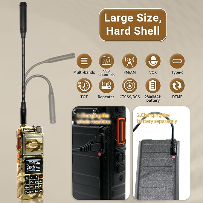 BAOFENG UV-25 PRO 10W Heavy Duty Radio Handheld Tri Band Baofeng Waterproof Radio Tri Band Ham Radios 999CH 5200MAh BatteryType-C Charging UHF VHF MW FM Air NOAA Multi-Band Receiver (Yellow)