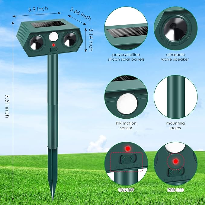 4 Pack Solar Ultrasonic Animal Repellent Outdoor,Cat Deterrent Deer Repellent Devices with Motion Detection,Waterproof Repeller for Raccoon Squirrel Rabbit Dog Skunk,Yard Garden Protection