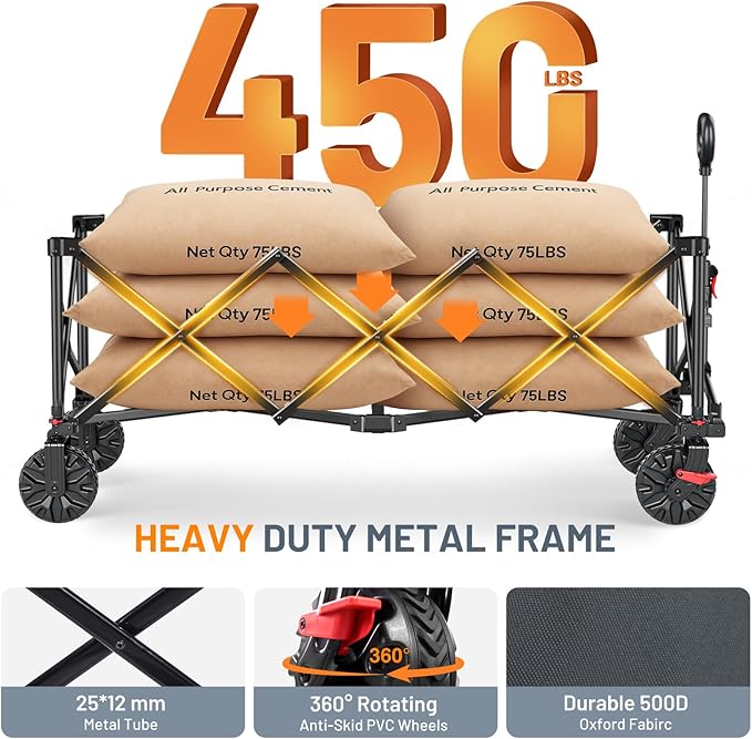 TIMBER RIDGE 51.2" Extended Collapsible Wagon - Heavy-Duty Utility Cart with All-Terrain Wheels, Brakes & Cargo Net, 400L Capacity for Camping, Sports & Shopping, Grey