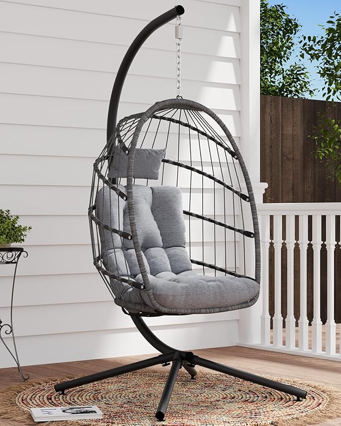 SWITTE Egg Chair Outdoor with Stand, Indoor Wicker Hanging Egg Swing Chair with Cushion, 350lbs Capacity for Patio, Bedroom, Garden - Light Grey