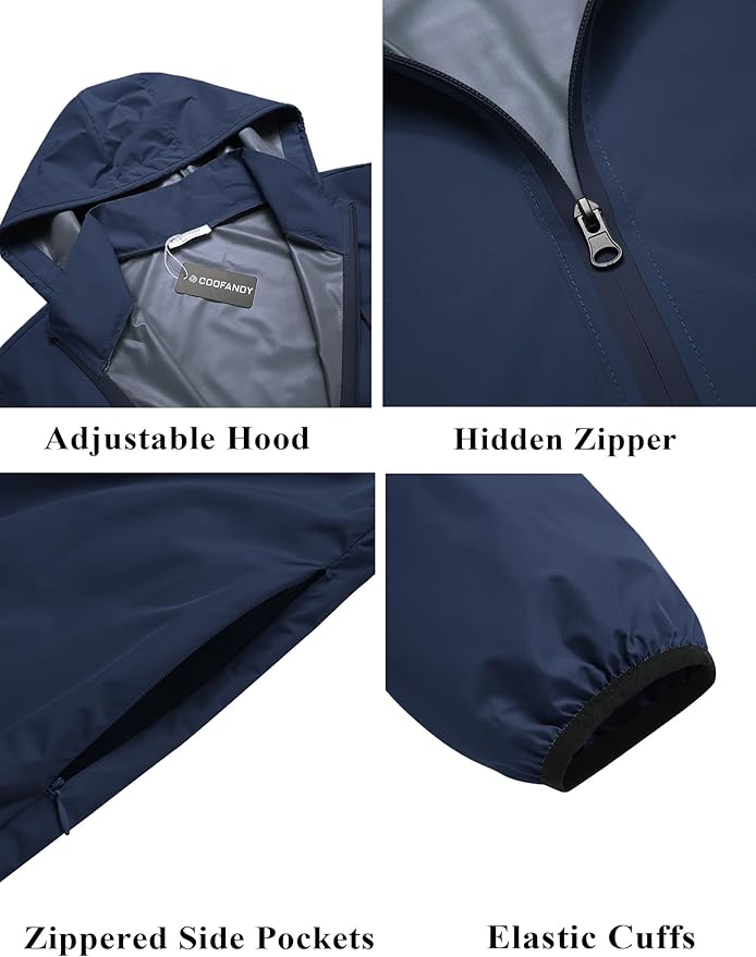 COOFANDY Men's Packable Rain Jacket Lightweight Waterproof Raincoat with Hood Travel Hiking Golf Windbreaker
