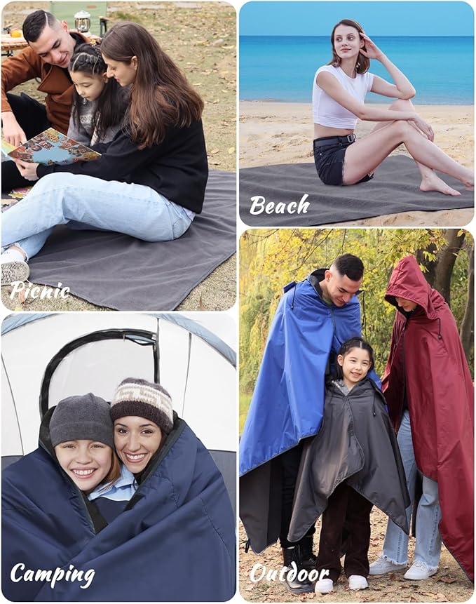 Outdoor Waterproof Camping Blanket - Hooded Fleece Windproof Blanket for Stadium, Sporting Events, Concert, Picnic, Car, Boat - Packable Camp Blanket for Cold Weather, Camping Gear Must Haves