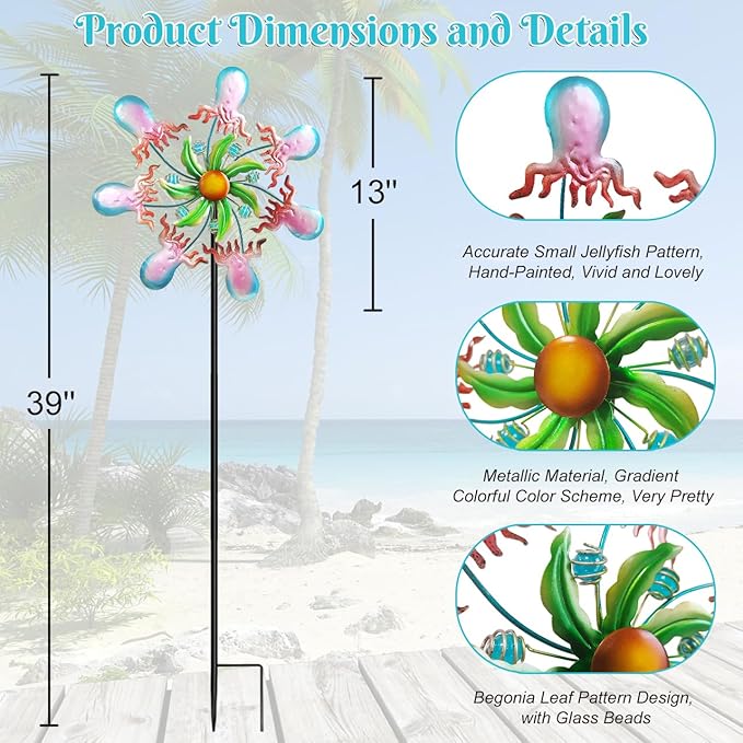 Jellyfish Wind Spinners - 39" Ocean-Themed Metal Wind Sculptures Garden Stake Art, 13.5” Windmill Yard Kinetic, Outdoor Decor for Patio & Lawn - Metal Beach Sculpture with Jellyfish Design