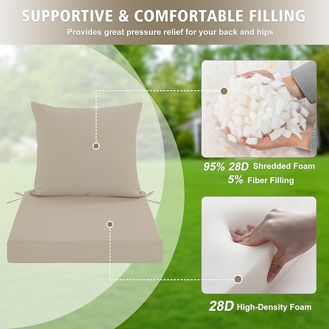 Outdoor Cushions for Patio Furniture, Waterproof Outdoor Chair Cushion w/Fade-Resistant, Removable & Machine-Washable Cover, 22x22 Inch, Deep Seat Sofa/Couch Pad Replacement – Set of 1/2/4, Cream