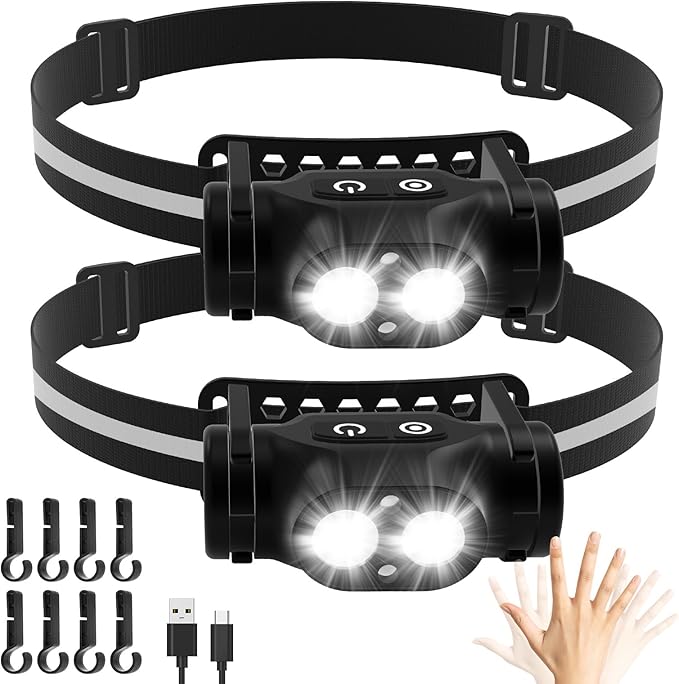 High Lumens Rechargeable Magnetic Headlamp for Camping, Hiking, Caving, Fishing, Motion Sensor Waterproof Impact-Resistant Bright Head Light with 4 Light Modes, Adjustable Headstrap (2 Pack)