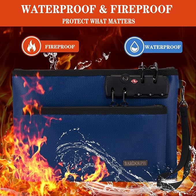 Fireproof Money Bag with Lock, Double layer Cash Bag BankBag for Cash, Valuable StorageBag,Fireproof Safe Box Money Pouch with Zipper (blue, Small)